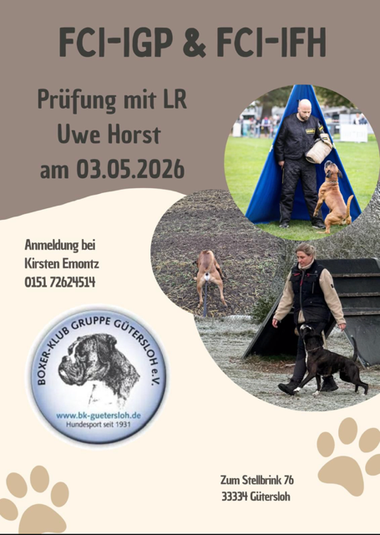Frühjahrsprüfung am 3. Mai 2026 mit LR Uwe Horst - Anmeldung bitte über das abrufbare Formular Frühjahrsprüfung am 3. Mai 2026 mit LR Uwe Horst - es werden alles Prüfungsstufen geführt - Bitte bei der Ausbildungswartin Kirsten Emontz mit dem Formular anmelden .