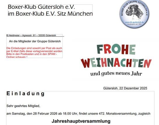 Jahreshauptversammlung 2025 am 28. Februar 2026 - alle Einladungen wurden fristgerecht vom 17. - 22. Dezember 2025 versendet. Jahreshauptversammlung 2025 am 28. Februar 2026 - alle Einladungen wurden fristgerecht vom 17. - 22. Dezember 2025 versendet.